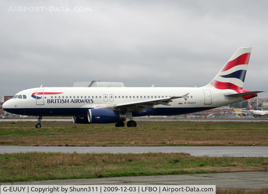 G-EUUY, 2008 Airbus A320-232 C/N 3607, Taxiing holding point rwy 32R for departure...