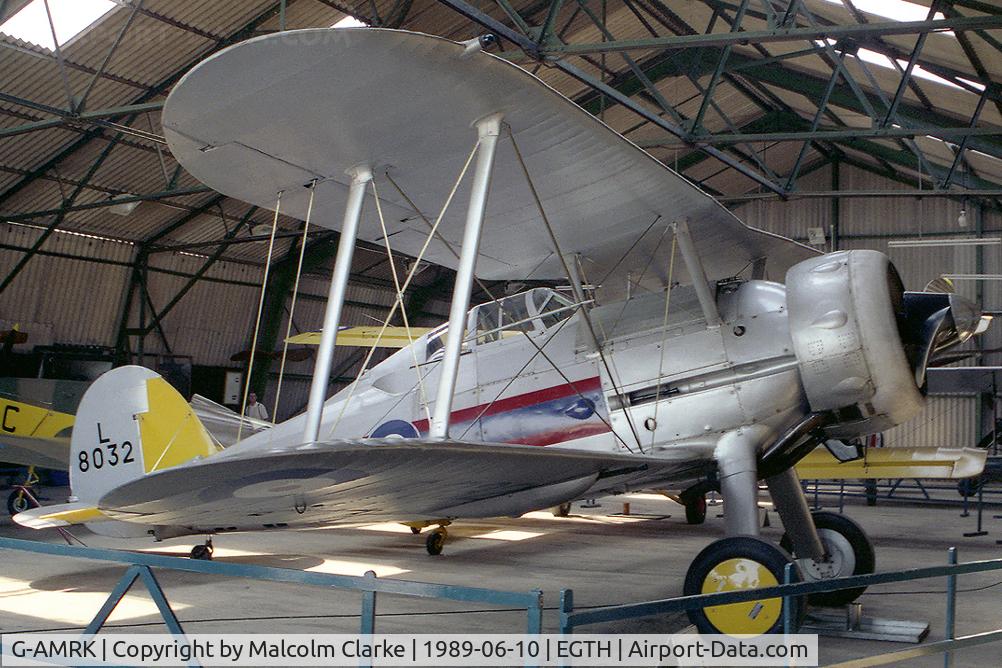 G-AMRK, 1937 Gloster Gladiator Mk1 C/N [L8032], Gloster Gladiator Mk1. Pictured in the hangar during Old Wardens 'Flying in the Evening Air' in May 1989.