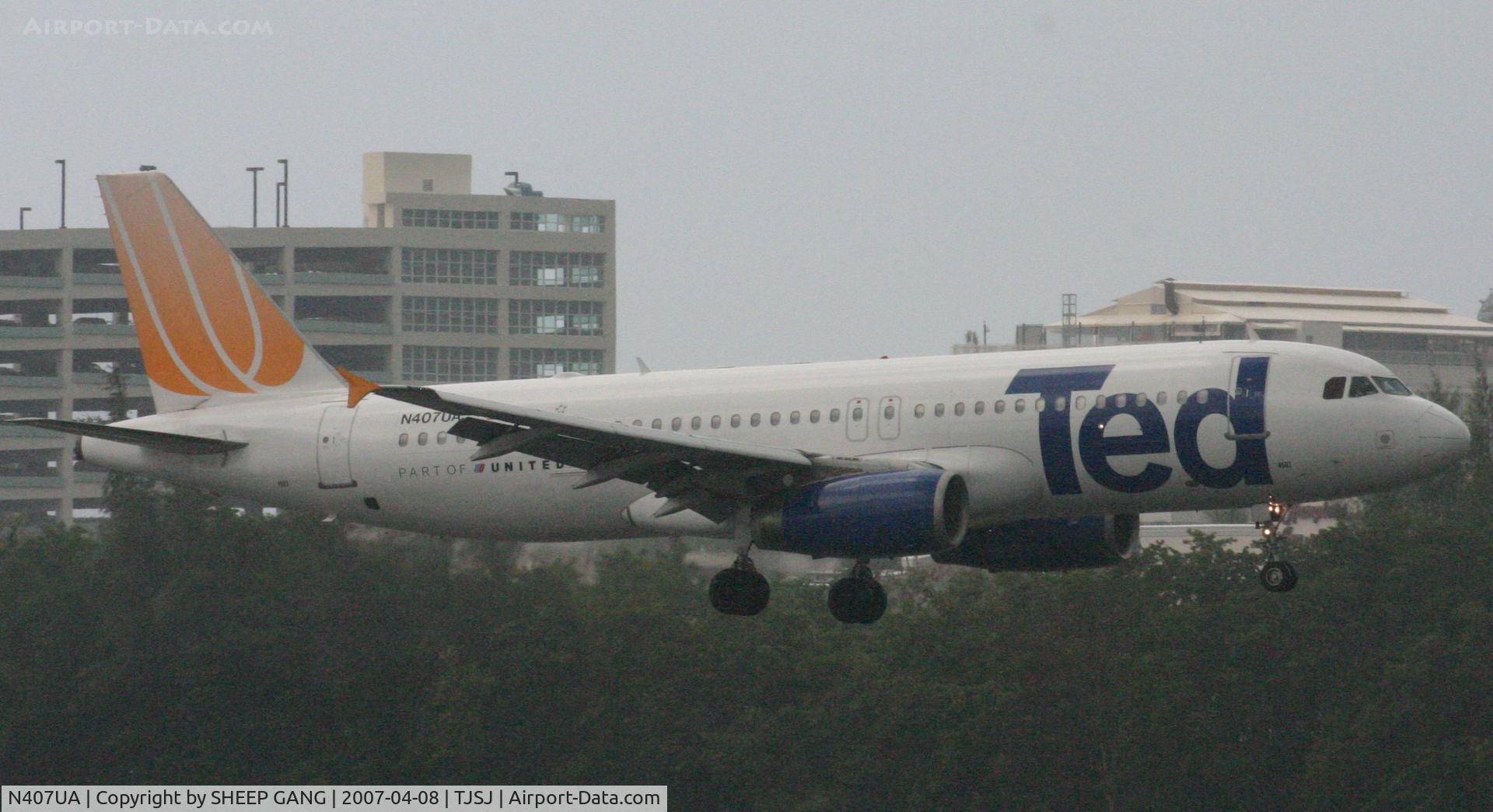 N407UA, 1994 Airbus A320-232 C/N 456, Ted A320-232 landing at tjsj on a very wet day