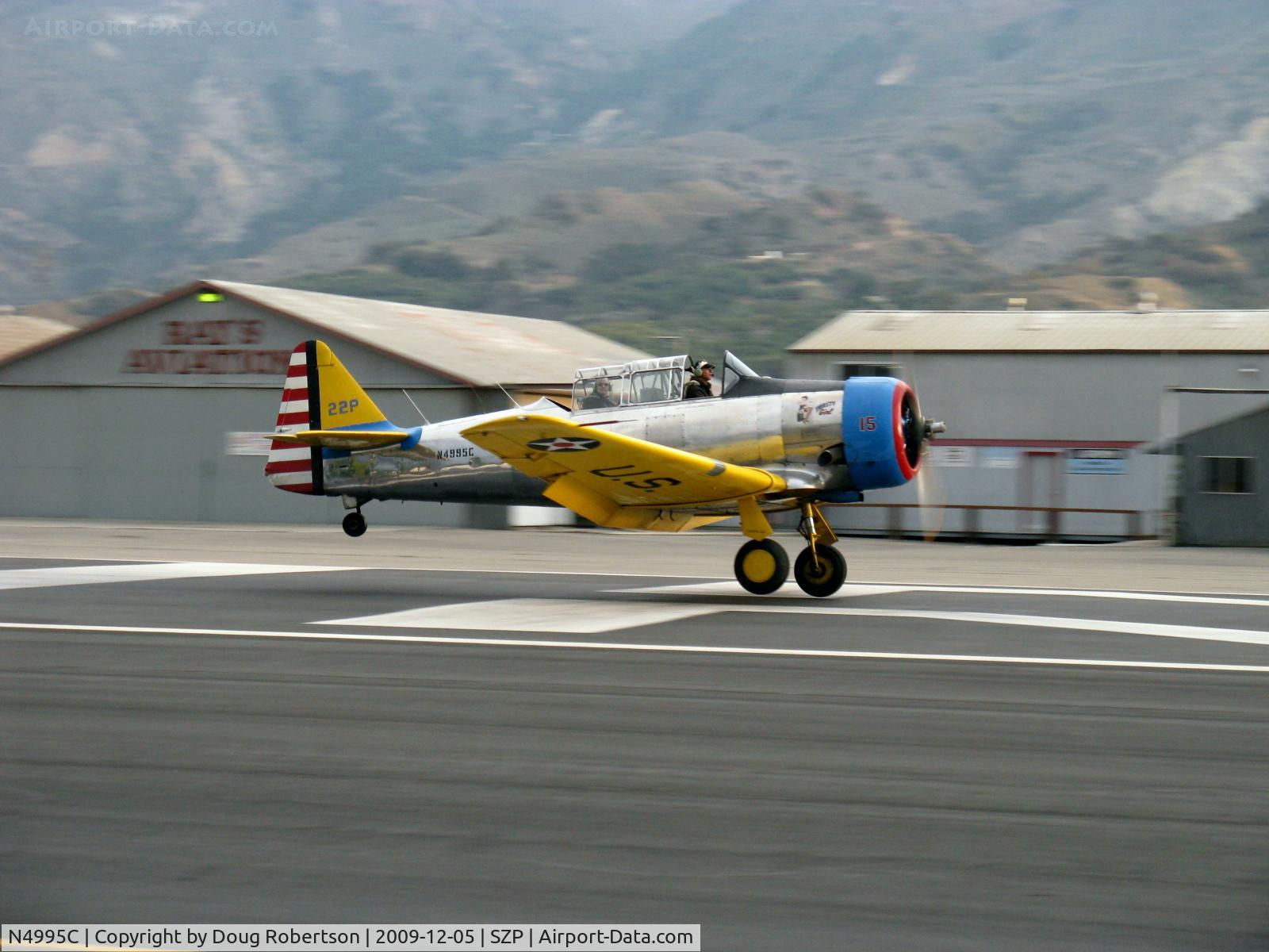 N4995C, 1949 North American T-6G Texan C/N 168-481, 1949 North American T-6G TEXAN 'Thirsty Girl', (1949 factory reman), P&W R-1340 WASP 600 Hp, near touchdown Rwy 22