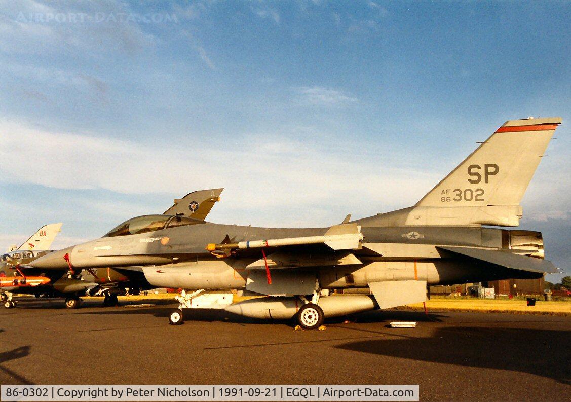 86-0302, 1986 General Dynamics F-16C Fighting Falcon C/N 5C-408, F-16C Falcon of 480th Tactical Fighter Squadron/52nd Tactical Fighter Wing at Spangdahlem on display at the 1991 Leuchars Airshow.