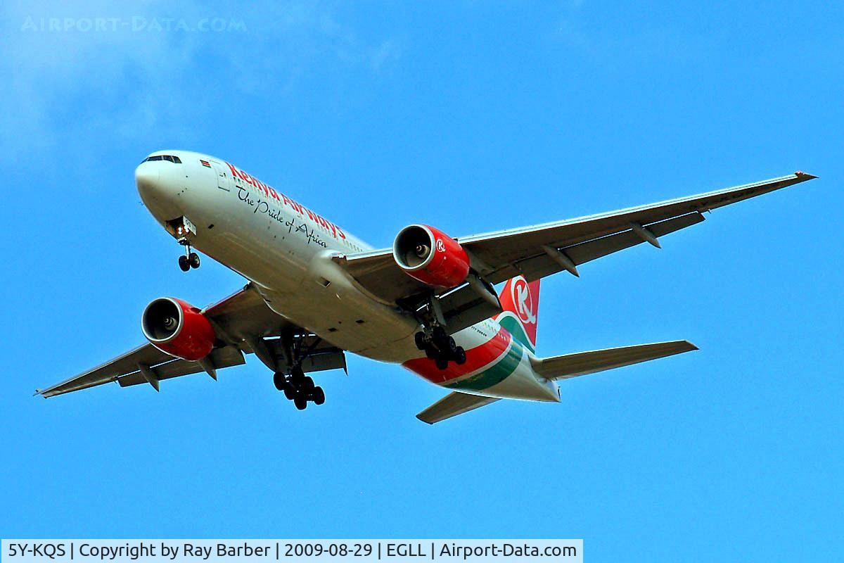 5Y-KQS, 2005 Boeing 777-2U8/ER C/N 33683, Boeing 777-2U8ER [33683] (Kenya Airways) Home~G 29/08/2009. Seen on approach 27R.