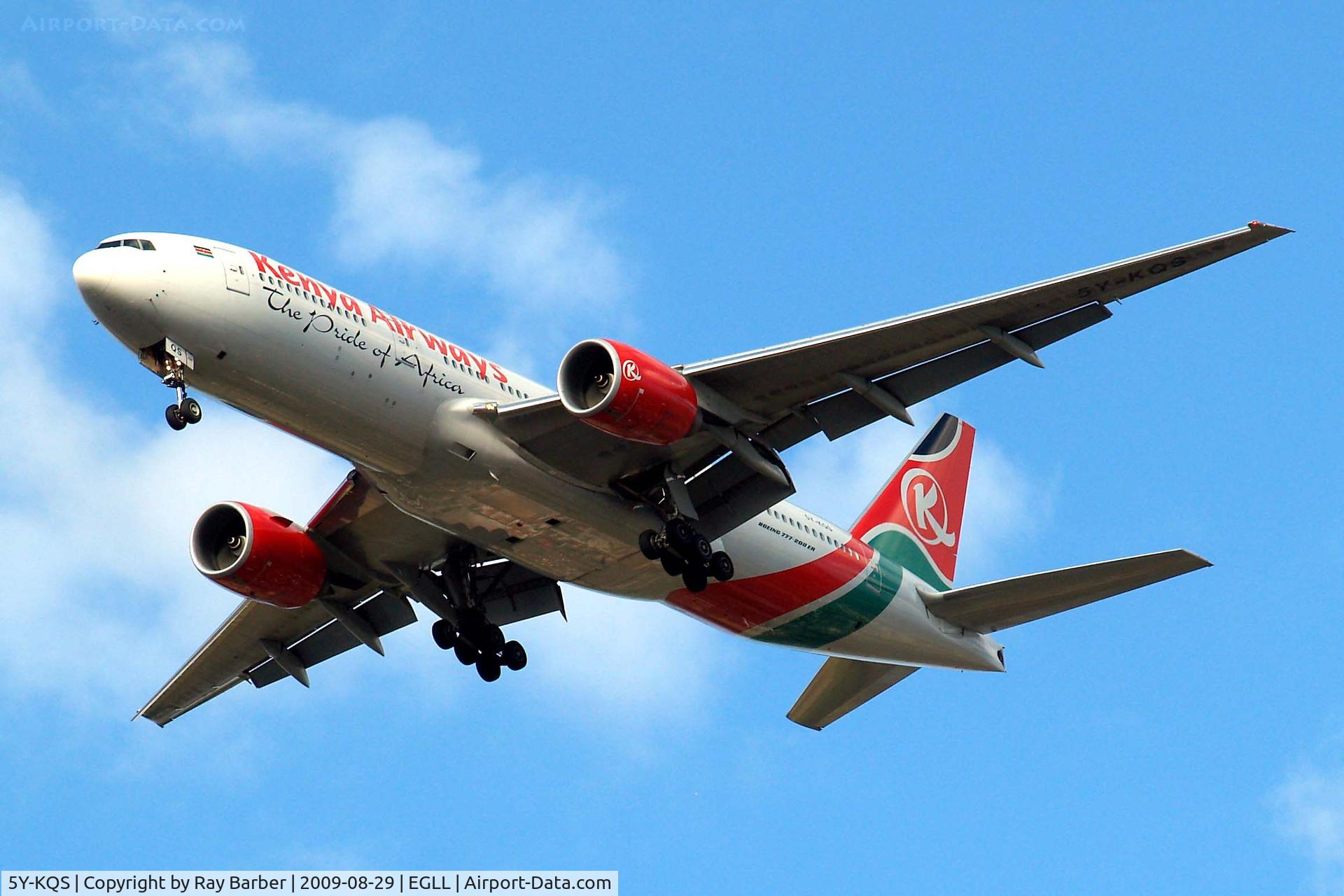 5Y-KQS, 2005 Boeing 777-2U8/ER C/N 33683, Boeing 777-2U8ER [33683] (Kenya Airways) Home~G 29/08/2009. Seen on approach 27R.