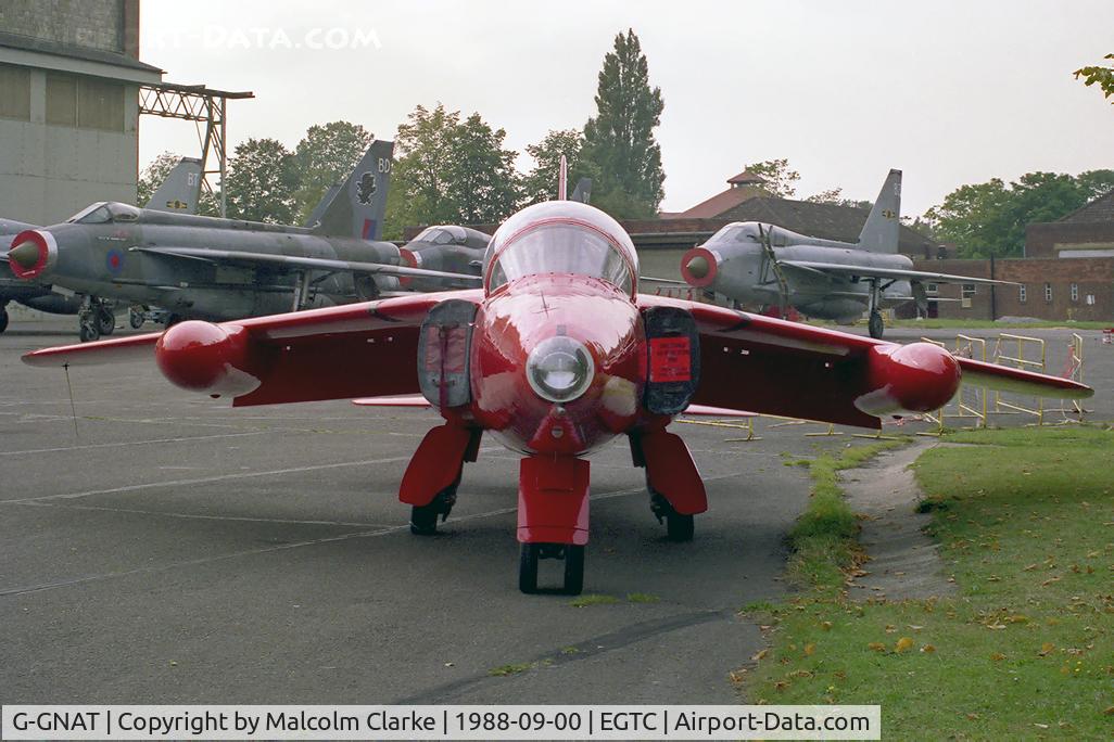 G-GNAT, 1964 Hawker Siddeley Gnat T.1 C/N FL595, Hawker Siddeley Gnat T1 at Cranfield Airfield in 1988.