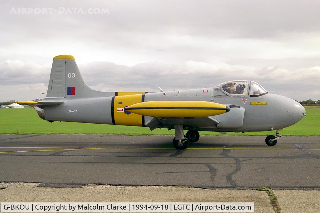 G-BKOU, 1961 Hunting P-84 Jet Provost T.3 C/N PAC/W/13901, Hunting P-84 Jet Provost T3 at Cranfield Airfied in 1994. Formerly XN637 with RAF No 3 FTS at Leeming.