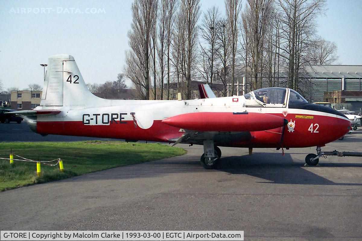 G-TORE, 1959 Hunting P-84 Jet Provost T.3A C/N PAC/W/9212, Hunting P-84 Jet Provost T3A at Cranfield Airfield in 1993 with its civil reg added.