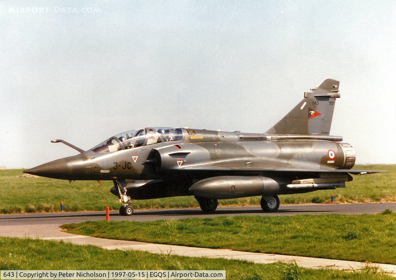 643, Dassault Mirage 2000D C/N 643, Mirage 2000D, callsign French Air Force 7320 Alpha, of EC 02.003 taxying to the active runway at Lossiemouth in May 1997.