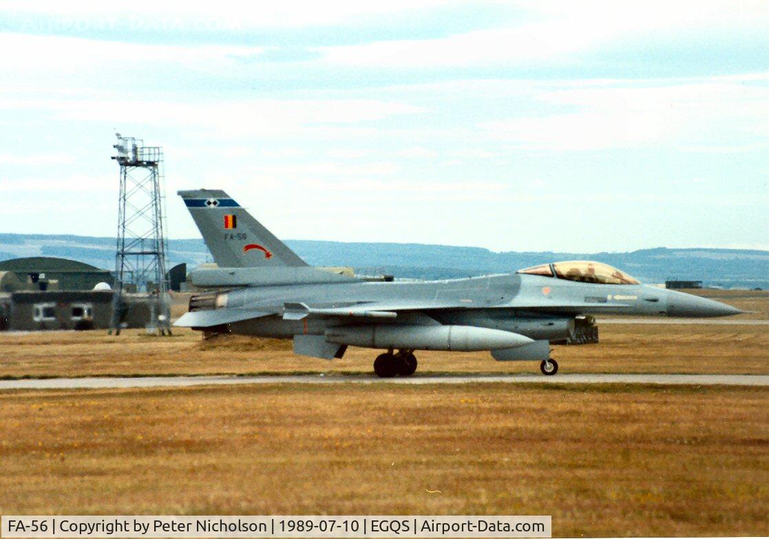 FA-56, SABCA F-16AM Fighting Falcon C/N 6H-56, F-16A Falcon of 2 Squadron Belgian Air Force awaiting clearance to join the active runway at Lossiemouth in the Summer of 1989.