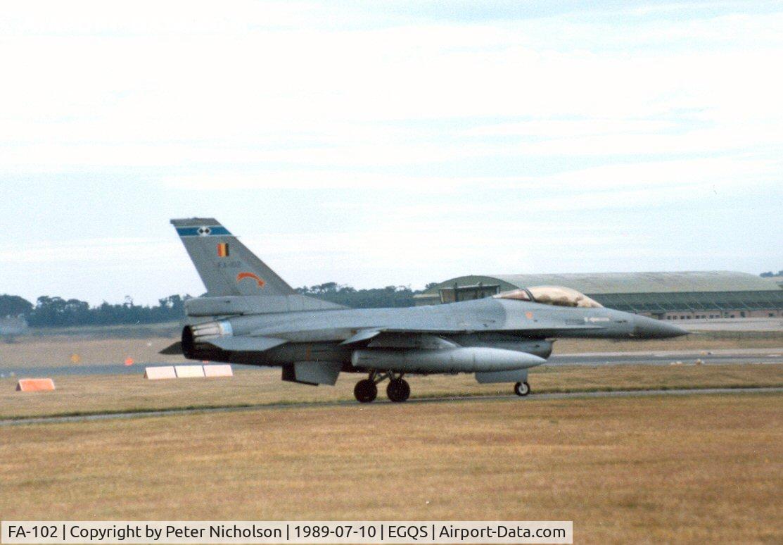 FA-102, SABCA F-16AM Fighting Falcon C/N 6H-102, F-16A Falcon of 2 Squadron Belgian Air Force awaiting clearance to join the active runway at Lossiemouth in the Summer of 1989.