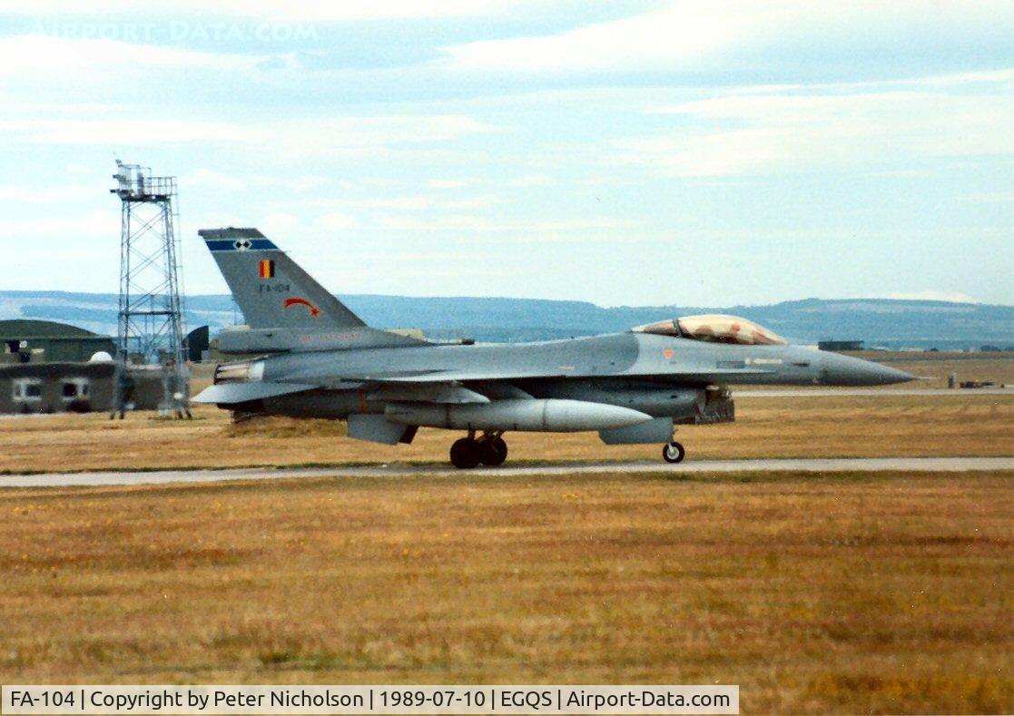 FA-104, 1987 SABCA F-16AM Fighting Falcon C/N 6H-104, F-16A Falcon of 2 Squadron Belgian Air Force waiting to join the active runway at Lossiemouth in the Summer of 1989.