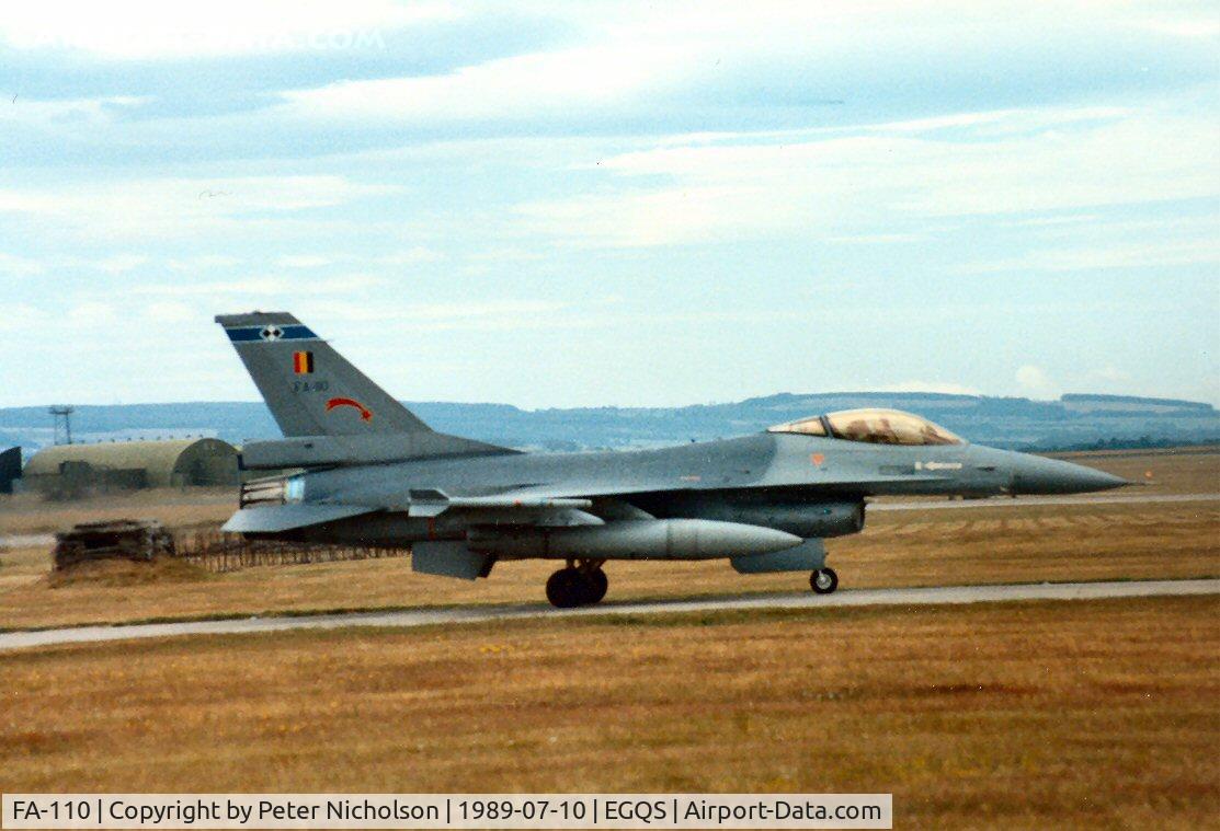 FA-110, SABCA F-16AM Fighting Falcon C/N 6H-110, F-16A Falcon of 2 Squadron Belgian Air Force awaiting clearance to the active runway at Lossiemouth in the Summer of 1989.