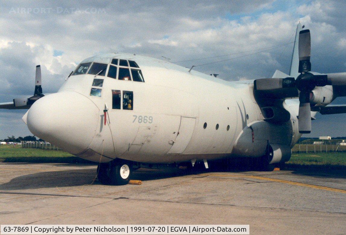 63-7869, 1963 Lockheed EC-130E Hercules C/N 382-3939, EC-130E Hercules, callsign More 25, of the 193rd Special Operations Squadron at Harrisburg in the static park of the 1991 Intnl Air Tattoo at Fairford.