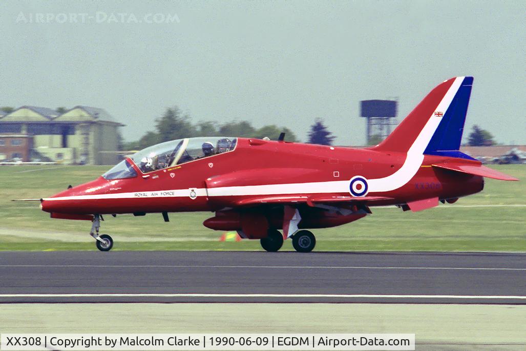 XX308, 1980 Hawker Siddeley Hawk T.1 C/N 143/312133, British Aerospace Hawk T1 at Boscombe Down in 1990.