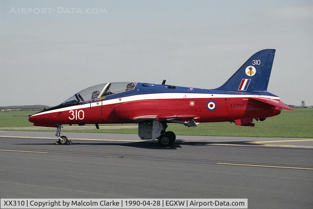 XX310, 1980 Hawker Siddeley Hawk T.1W C/N 145/312135, British Aerospace Hawk T1W at RAF Waddington in 1990.