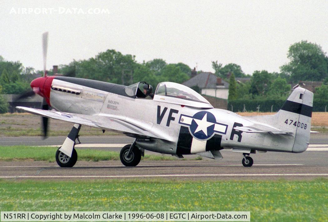 N51RR, 1944 North American P-51D Mustang C/N 122-39798, North American P-51D Mustang. At Cranfield's celebration of the 50th anniversary of the College of Aeronautics in 1996.