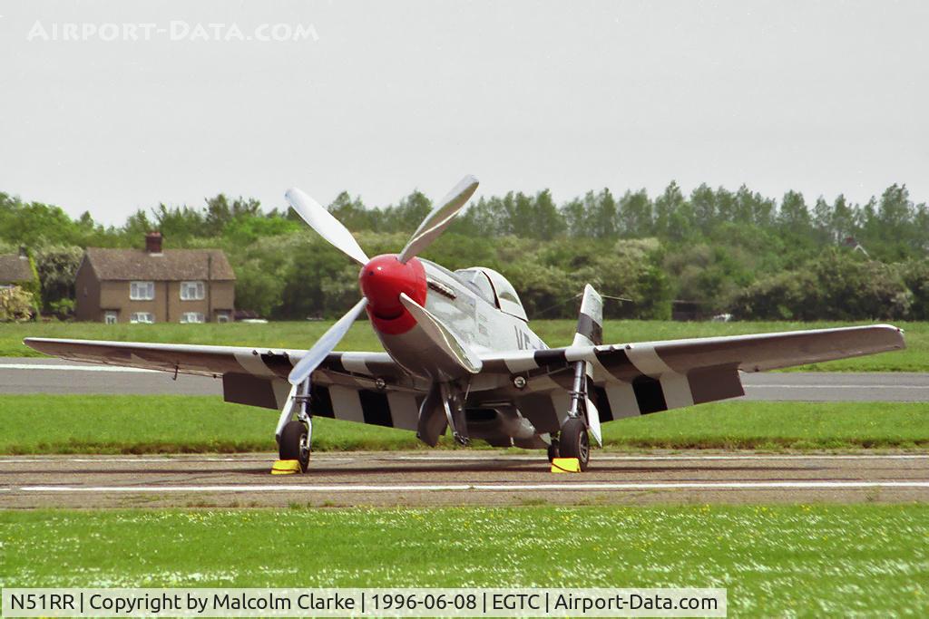 N51RR, 1944 North American P-51D Mustang C/N 122-39798, North American P-51D Mustang. At Cranfield's celebration of the 50th anniversary of the College of Aeronautics in 1996.