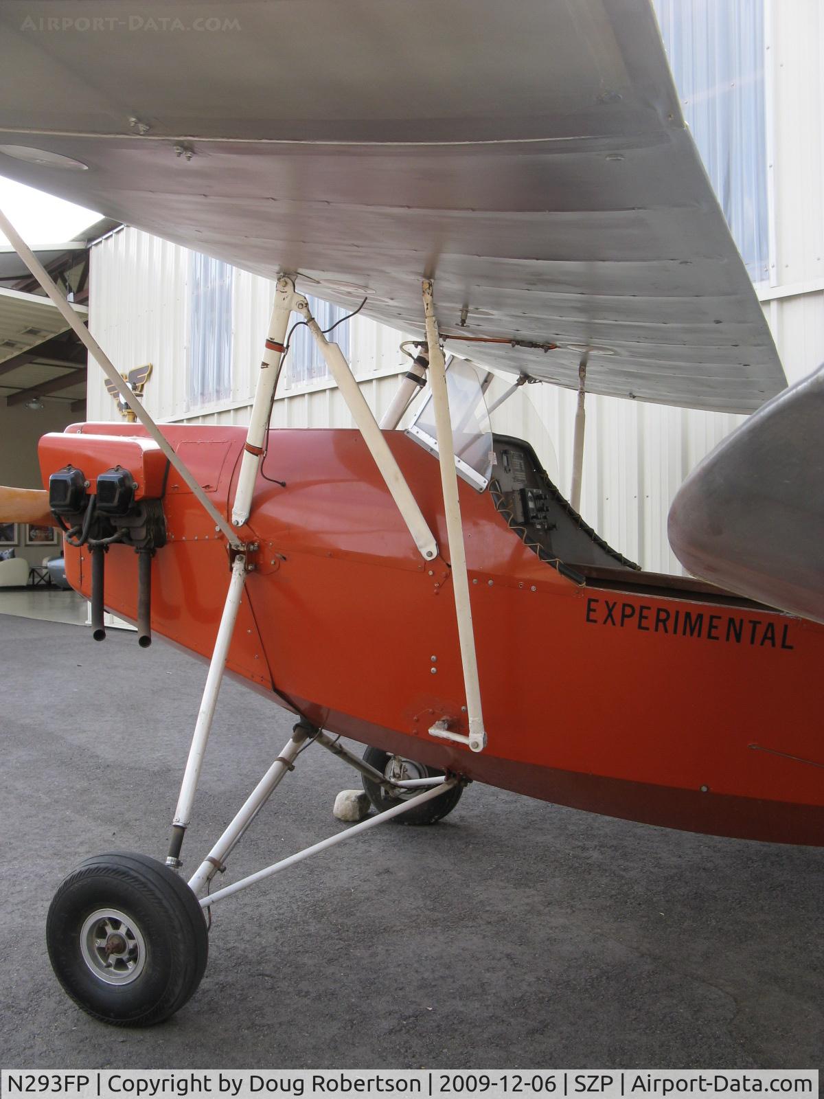 N293FP, Mignet HM.293 Replica Pou-du-Ciel C/N FP100, 1983 Frank Perry/Henri Mignet HM293 Pou du Ciel ('Sky Louse' or 'Flying Flea'), French design from the 1930s, Hercules four cylinder opposed, air-cooled 40 Hp, ailerons & elevators are replaced by variable incidence front-wing-linkage shown