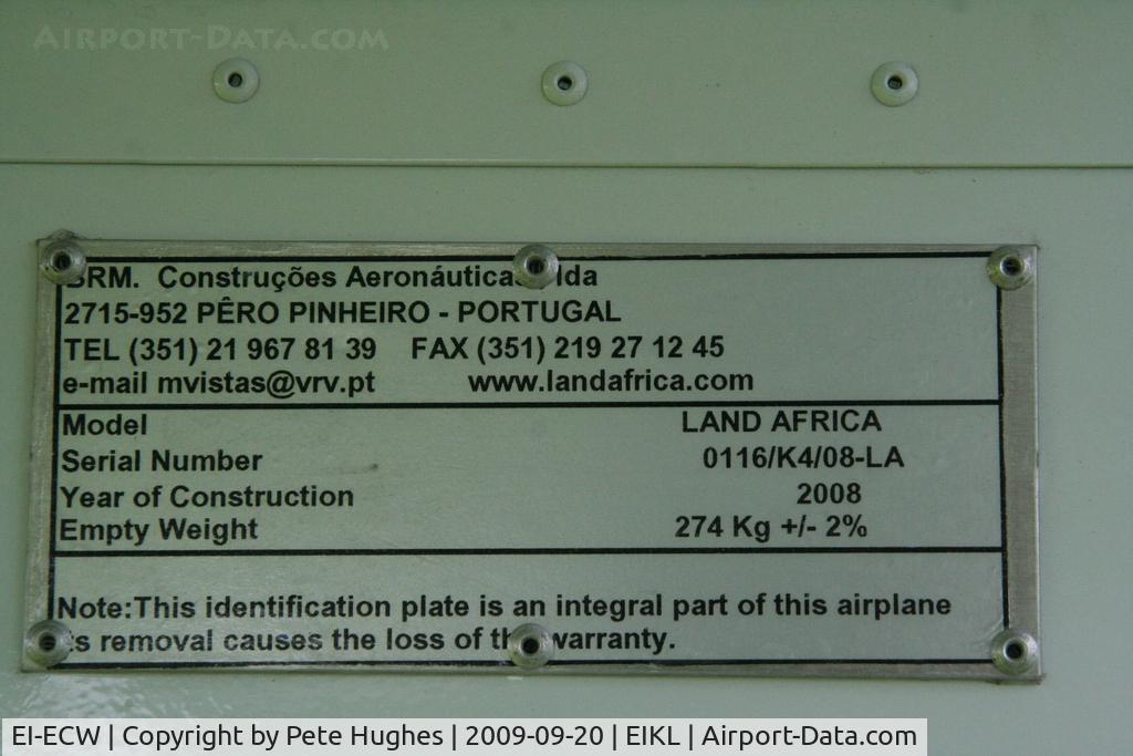 EI-ECW, 2008 BRM Land Africa C/N 0116.K4.08-LA, manufacturer's plate on EI-ECW at Kilkenny Fly-in