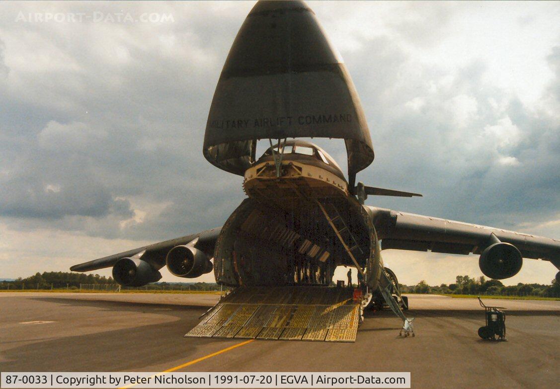 87-0033, 1988 Lockheed C-5B Galaxy C/N 500-0119, The 436th Military Airlift Wing at Dover AFB was represented at the 1991 Intnl Air Tattoo at RAF Fairford by this C-5B Galaxy.