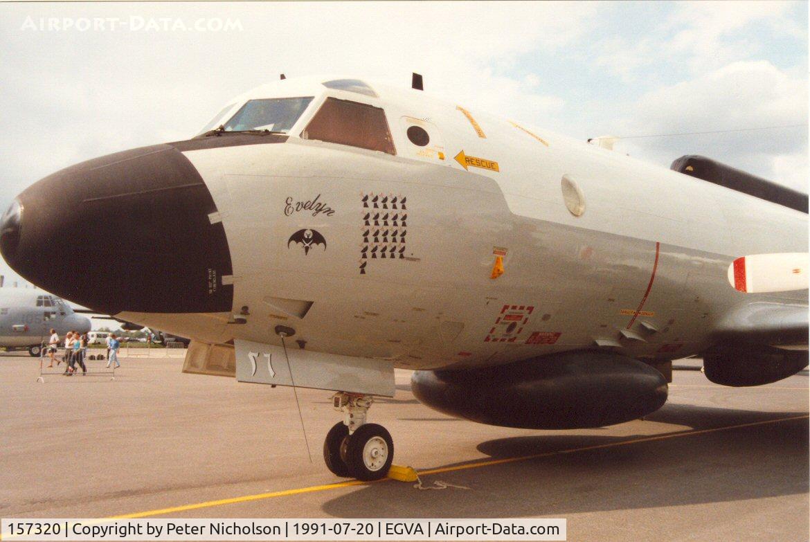 157320, 1968 Lockheed EP-3E Aries II C/N 285A-5535, EP-3E Aries named Evelyn with Desert Storm mission marks of VQ-2 on display at the 1991 Intnl Air Tattoo at RAF Fairford.