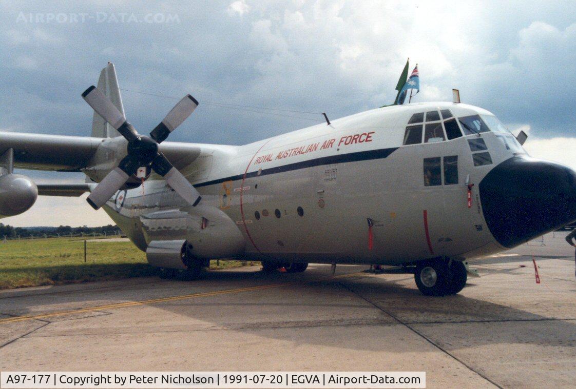 A97-177, 1965 Lockheed C-130E Hercules C/N 382-4177, C-130E Hercules of 37 Squadron Royal Australian Air Force on display at the 1991 Intnl Air Tattoo at RAF Fairford.