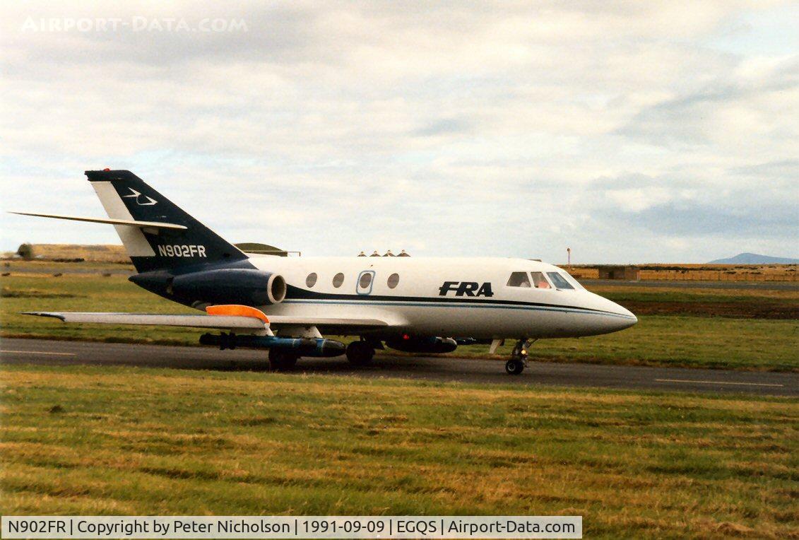 N902FR, 1968 Dassault Falcon (Mystere) 20DC C/N 132, Falcon 20DC of FR Aviation with ECM jamming pods taxying out for another mission at Lossiemouth in September 1991.