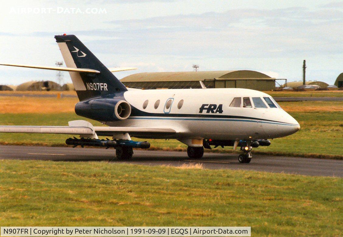 N907FR, Dassault Fan Jet Falcon (20D) C/N 224, Equipped with ECM jamming pods this Falcon 20DC of FRA sets out for another mission at Lossiemouth in September 1991.