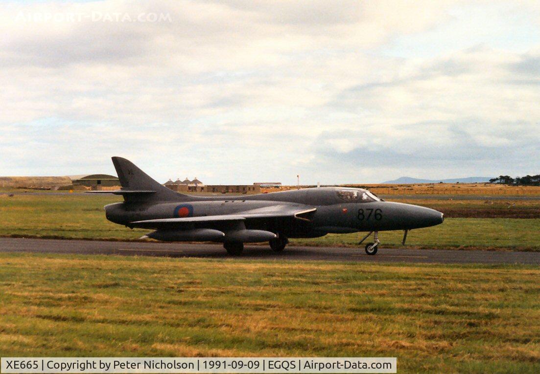 XE665, 1955 Hawker Hunter T.8C C/N HABL-003008, Hunter T.8C of FRADU (Fleet Requirements And Air Direction Unit) heading for the active runway at Lossiemouth in September 1991.