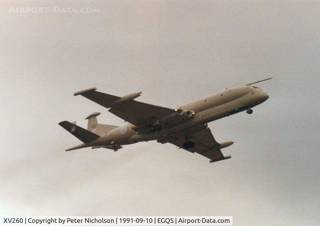 XV260, Hawker Siddeley Nimrod MR.2 C/N 8035, Nimrod MR.2 of the Kinloss Maritime Wing on a practice approach to RAF Lossiemouth in September 1991.