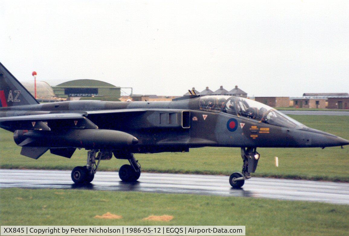 XX845, 1975 Sepecat Jaguar T.2 C/N B.33, Jaguar T.2 working with 226 Operational Conversion Unit at Lossiemouth seen there in May 1986.