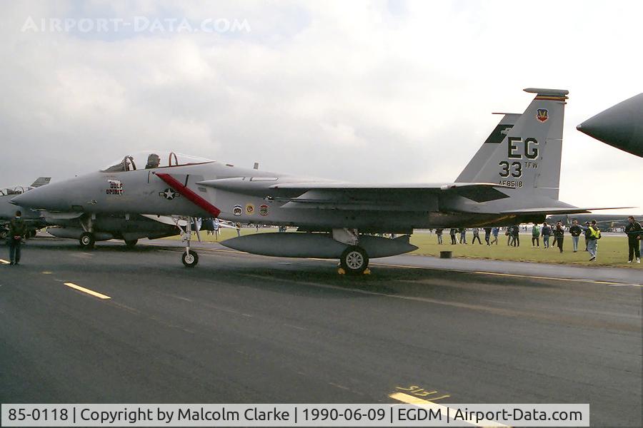 85-0118, 1985 McDonnell Douglas F-15C Eagle C/N 0974/C360, McDonnell Douglas F-15C Eagle at Boscombe Down in 1990.