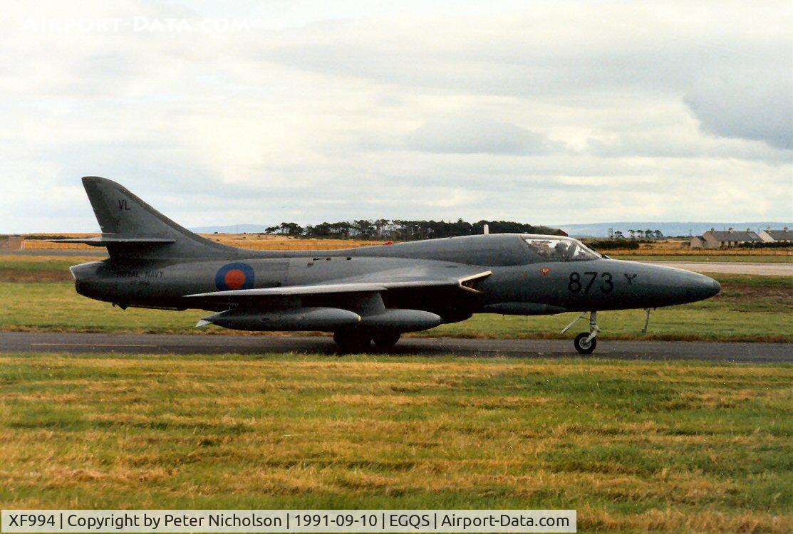 XF994, 1956 Hawker Hunter T.8C C/N HABL-003149, Hunter T.8C of FRADU (Fleet Requirements & Air Direction Unit) seen at Lossiemouth in September 1991.