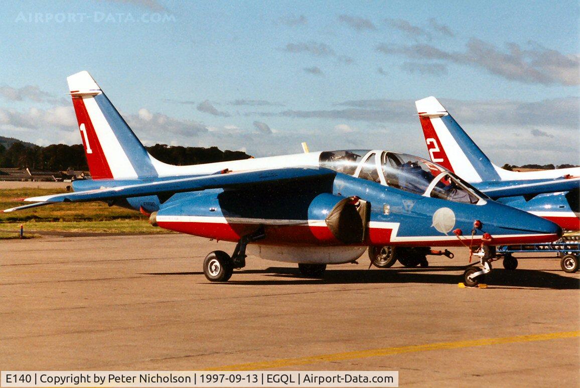 E140, 1981 Dassault-Dornier Alpha Jet E C/N E140, Patrouille de France aircraft number 1 as seen at the 1997 RAF Leuchars Airshow.
