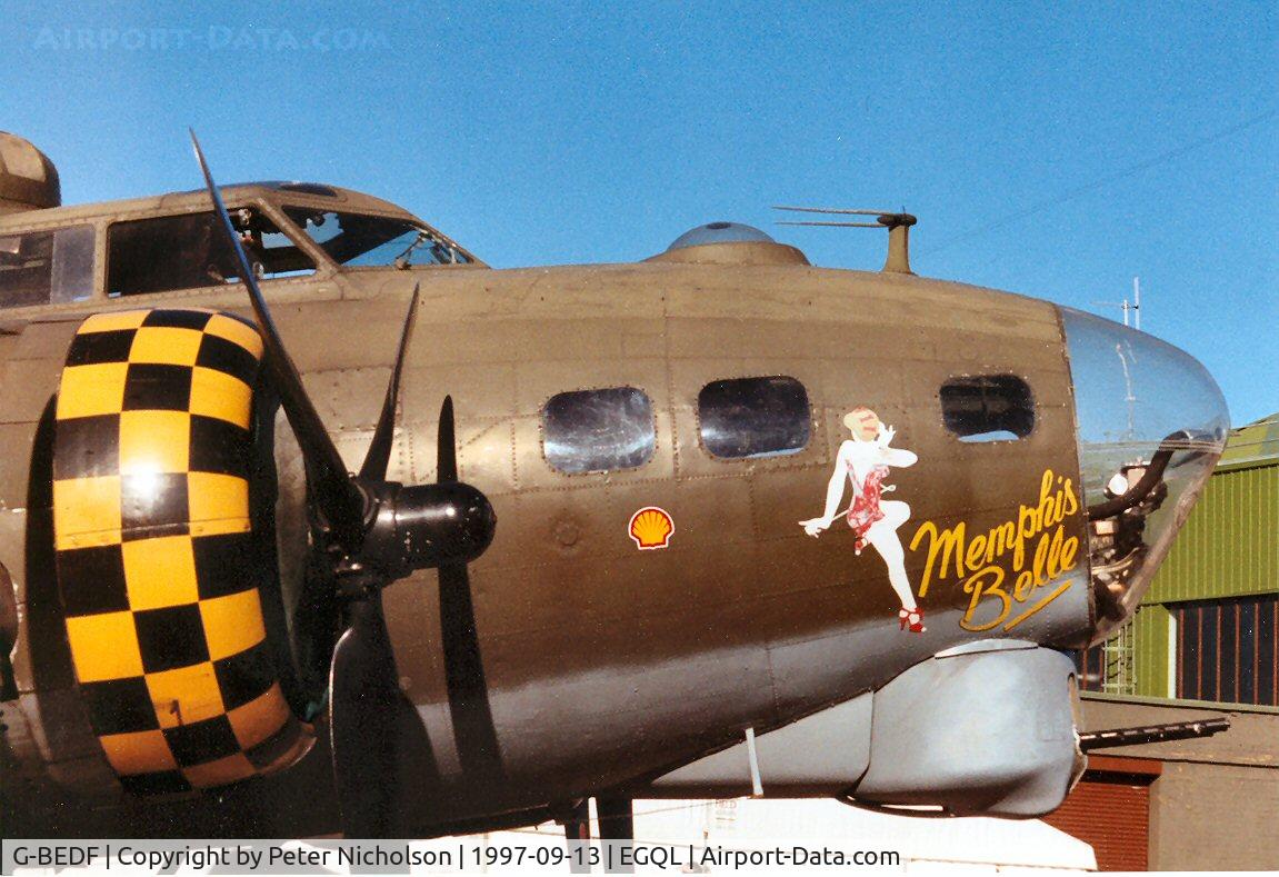 G-BEDF, 1944 Boeing B-17G Flying Fortress C/N 8693, Nose art of B-17G Flying Fortress as Memphis Belle at the 1997 RAF Leuchars Airshow.