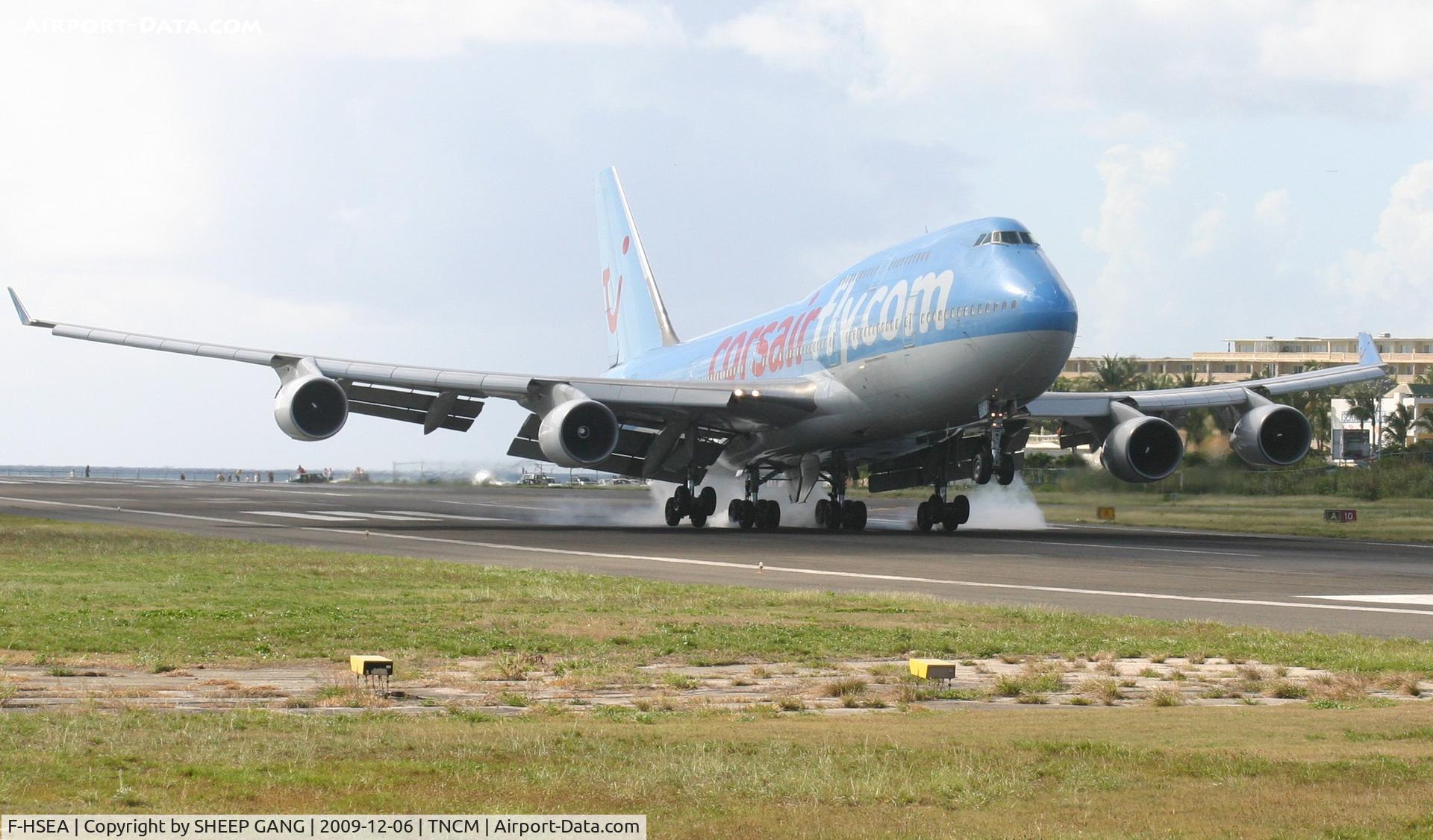 F-HSEA, 1992 Boeing 747-422 C/N 26877, Corsair 747-422 landing at TNCM