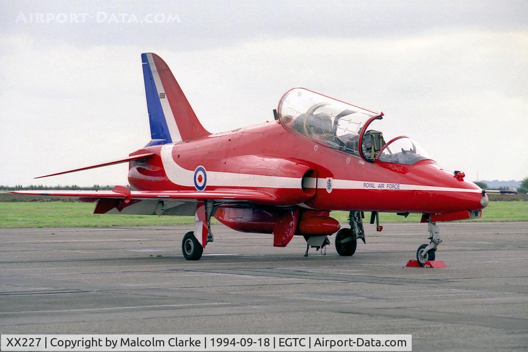 XX227, 1978 Hawker Siddeley Hawk T.1A C/N 063/312063, British Aerospace Hawk T1A. A Red Arrows aerobatic team member at Cranfields Air Show and Helifest in 1994.