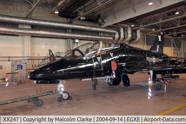 XX247, 1978 Hawker Siddeley Hawk T.1A C/N 083/312083, British Aerospace Hawk T1A in the 100 Sqn hangar at RAF Leeming in 2004.