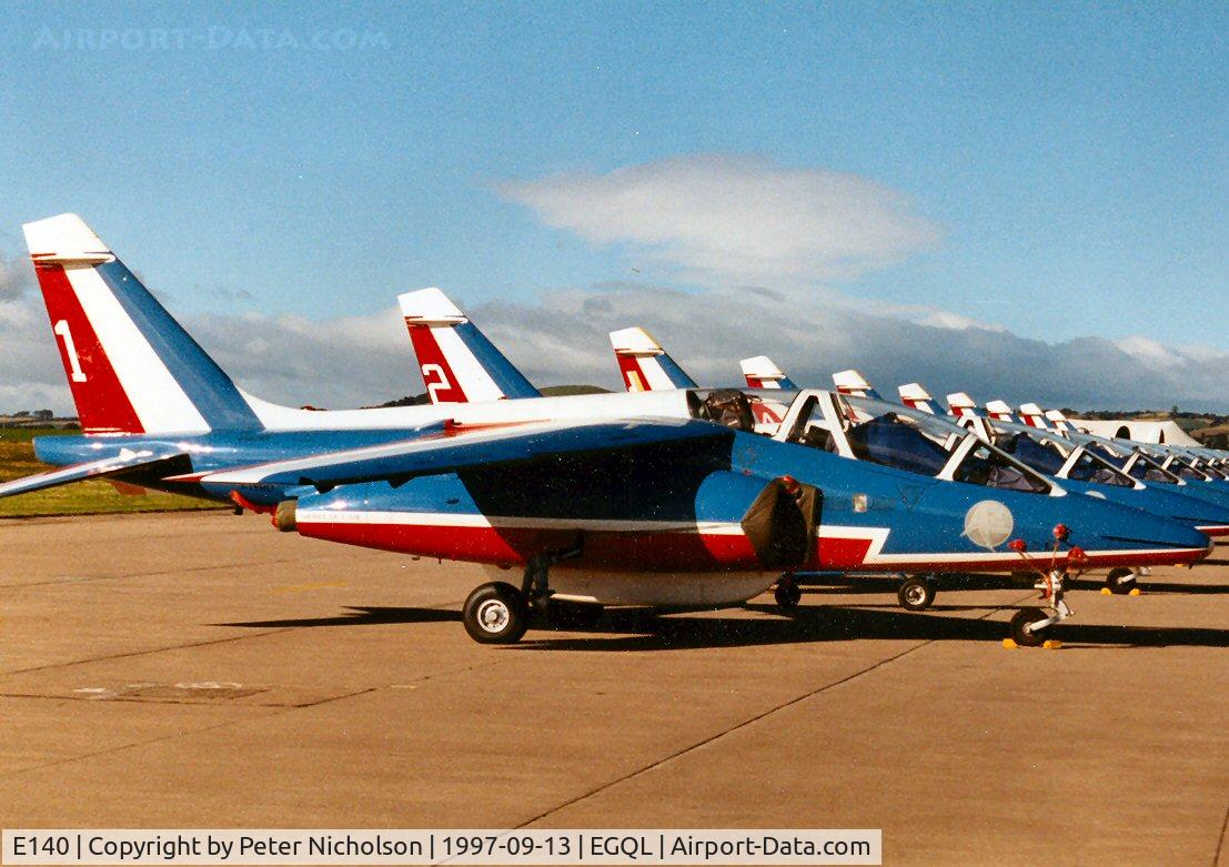 E140, 1981 Dassault-Dornier Alpha Jet E C/N E140, Lead aircraft of the Patrouille de France aerobatic display team at the 1991 RAF Leuchars Airshow.