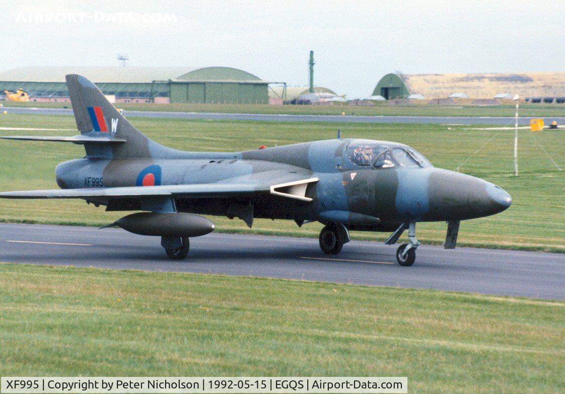 XF995, 1956 Hawker Hunter T.8B C/N HABL-003150, Hunter T.8B with 12 Squadron taxying to the active runway at RAF Lossiemouth in May 1990.
