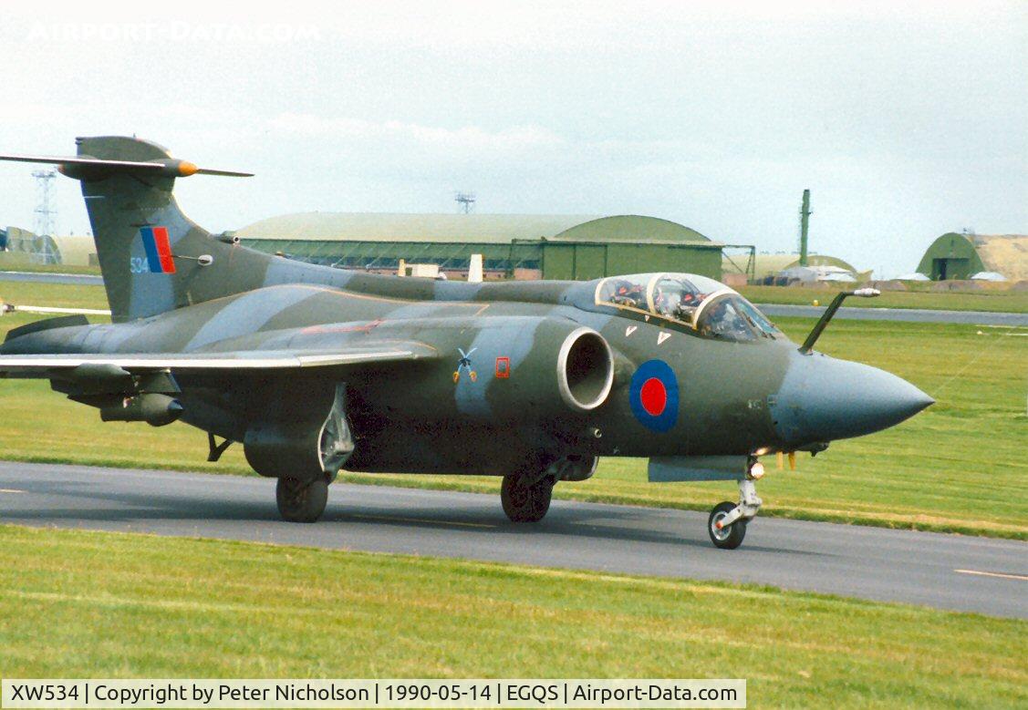 XW534, 1971 Hawker Siddeley Buccaneer S.2B C/N B3-03-70, Buccaneer S.2B of 237 Operational Conversion Unit taxying to the active runway at RAF Lossiemouth in May 1990.