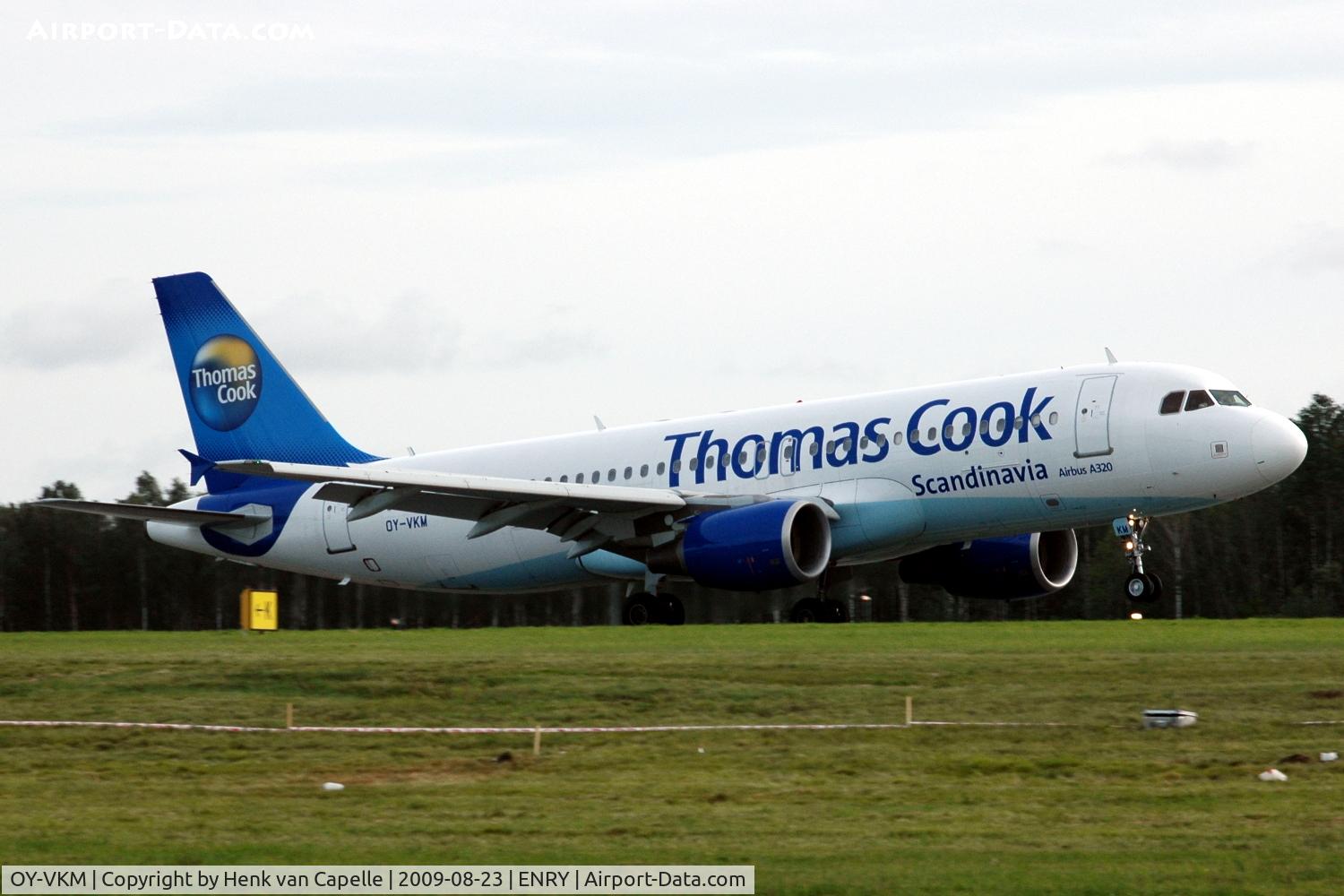 OY-VKM, 2002 Airbus A320-214 C/N 1889, A320 in Thomas Cook Airlines Scandinavia livery landing at Rygge airport, Norway.