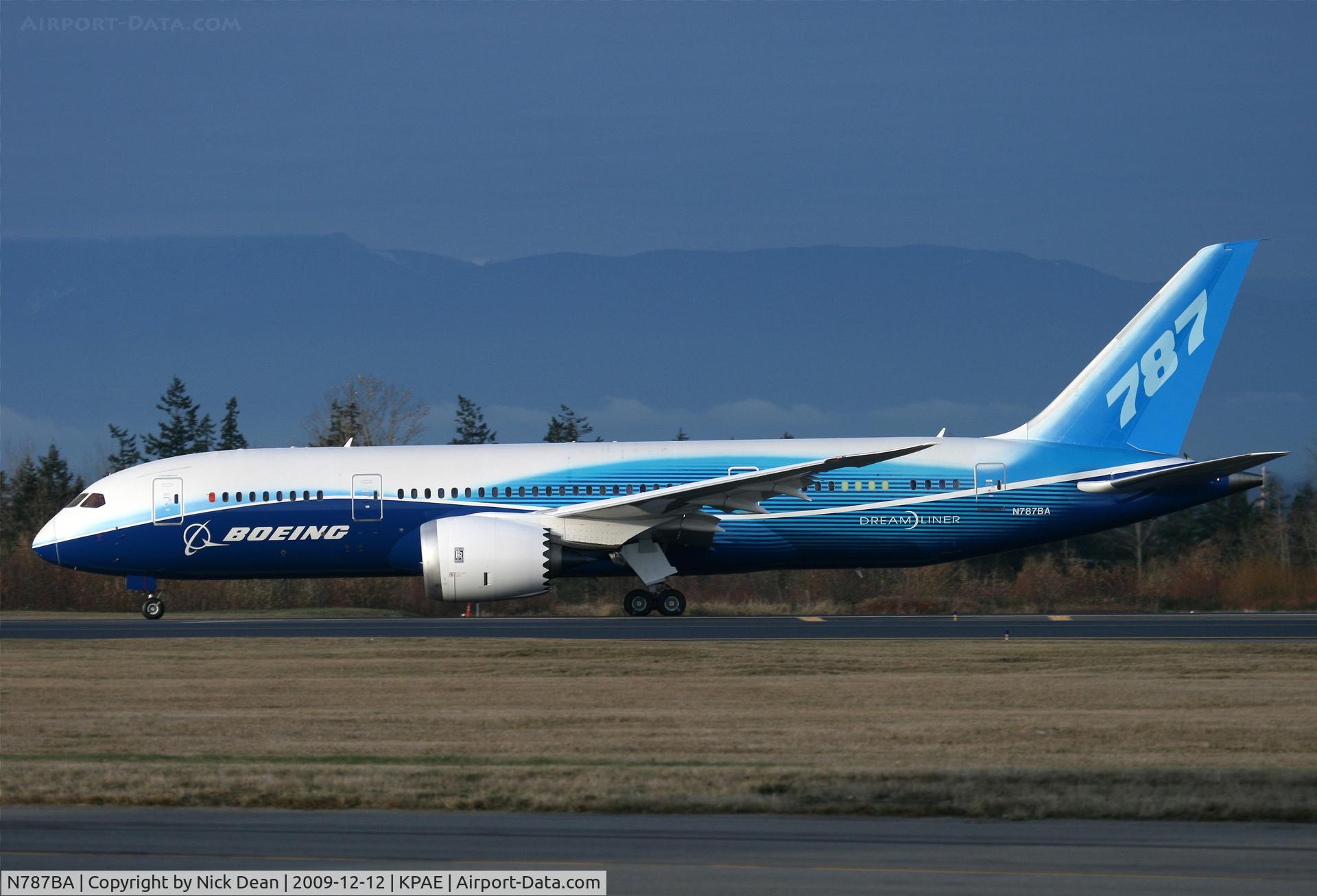 N787BA, 2009 Boeing 787-8 Dreamliner C/N 40690, KPAE Boeing 001 spending the day doing high speeds up and down 16L/34R culminating in a nice high nose rotation on the last run
