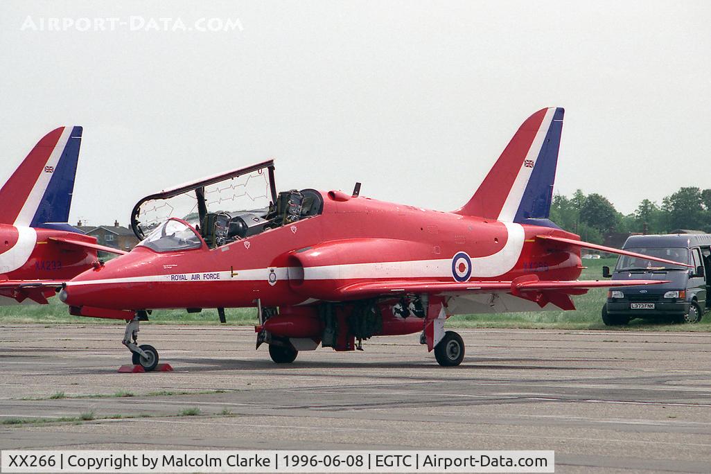 XX266, 1979 Hawker Siddeley Hawk T.1A C/N 102/312102, British Aerospace Hawk T1A. One of the RAF 'Red Arrow's' aerobatic team that performed at Cranfield's celebration of the 50th anniversary of the College of Aeronautics in 1996.