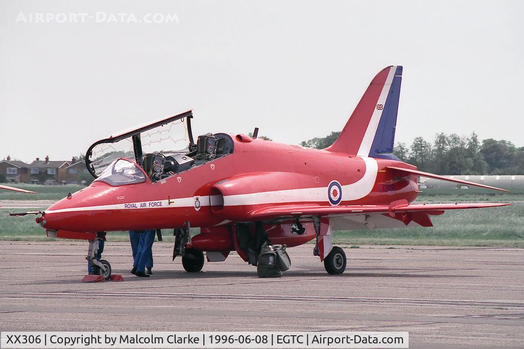 XX306, 1980 Hawker Siddeley Hawk T.1A C/N 141/312131, British Aerospace Hawk T1A. One of the RAF 'Red Arrow's' aerobatic team preparing to perform at Cranfield's celebration of the 50th anniversary of the College of Aeronautics in 1996.