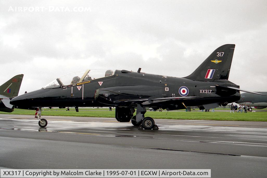 XX317, 1980 Hawker Siddeley Hawk T.1A C/N 159/312142, British Aerospace Hawk T1A. Flown by RAF No 4 FTS/208(R) Sqn from RAF Valley at RAF Waddington's Air Show in 1995.