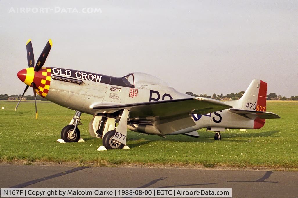 N167F, 1944 North American P-51D Mustang C/N 122-40417, North American P-51D Mustang. Operated by the Scandinavian Historic Flight as 44-73877 'Old Crow'. Cranfield 1988.