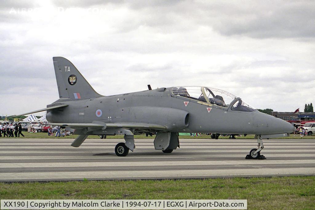 XX190, 1977 Hawker Siddeley Hawk T.1A C/N 037/312037, Hawker Siddeley Hawk T1A. From RAF No 4 FTS/74(R) Sqn Valley at the SSAFA Air Display at RAF Church Fenton in 1994.
