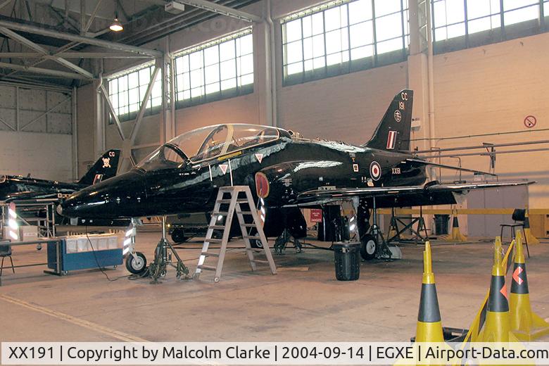 XX191, 1977 Hawker Siddeley Hawk T.1A C/N 038/312038, Hawker Siddeley Hawk T1A in the 100 Sqn hangar at RAF Leeming in 2004.