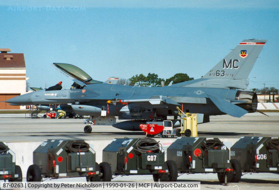 87-0263, 1987 General Dynamics F-16C Fighting Falcon C/N 5C-524, F-16C Falcon of 63rd Tactical Fighter Training Squadron/56th Tactical Training Wing at MacDill AFB in January 1990.