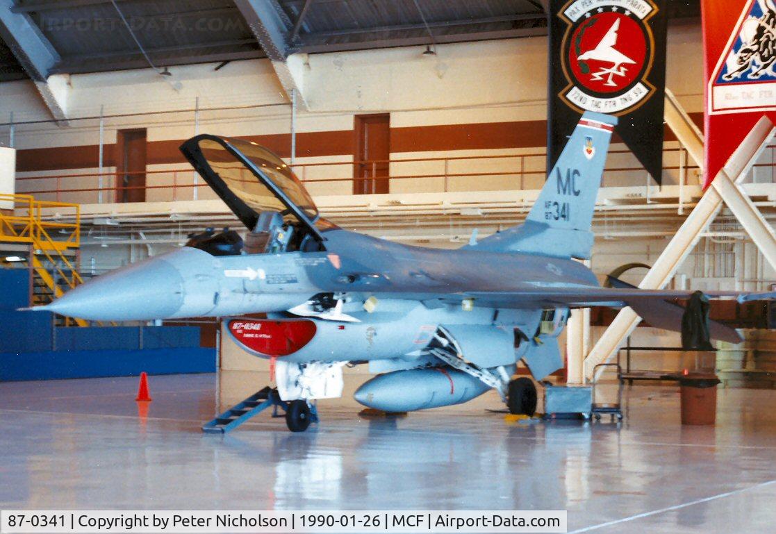87-0341, 1987 General Dynamics F-16C Fighting Falcon C/N 5C-602, F-16C Falcon of 63rd Tactical Fighter Training Squadron/56th Tactical Training Wing at MacDill AFB in January 1990.